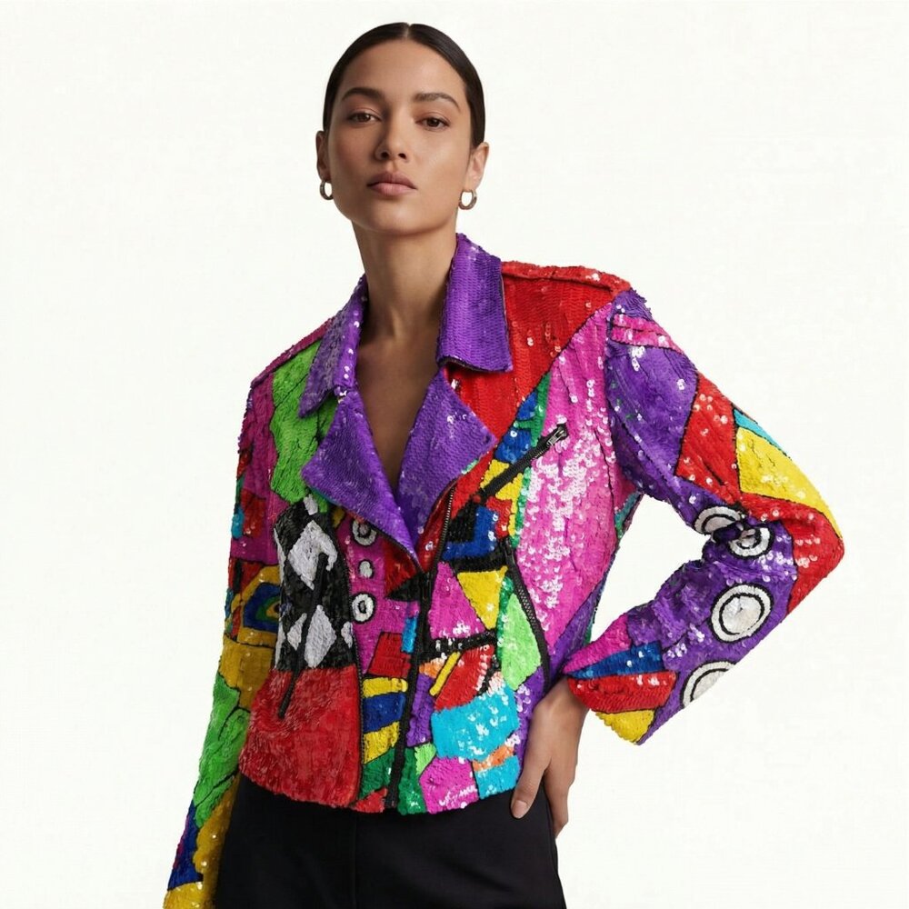 Sequin Moto Jacket Women's Neon Multicolor OOAK Zipper Front100% Silk Sz Medium